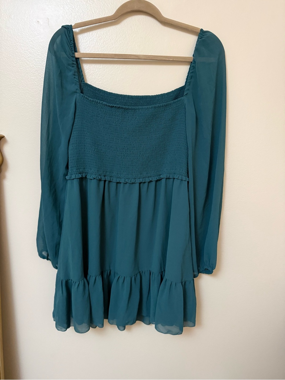 Aritzia Tempest Teal Smocked Square-Neck Mini Dress - Picture 3 of 11